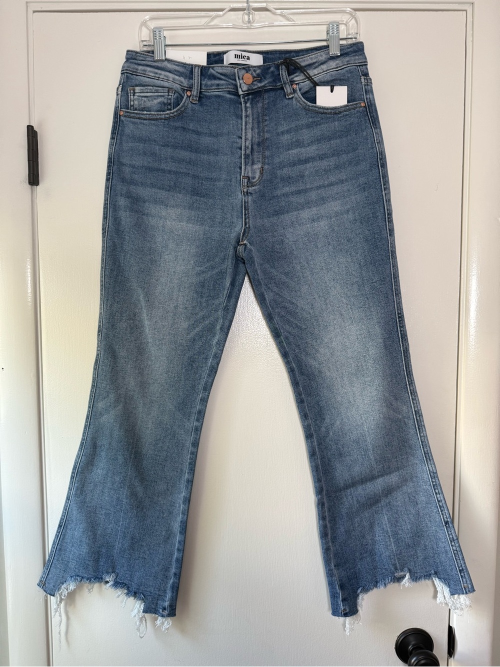 🆕 Mica Los Angeles High Rise Crop Flare Raw Hem Blue Jeans Distressed Weekend